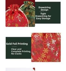 Detail of drawstring closure and gold foil snowflake patterns on cotton Christmas gift bags