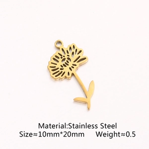 Golden stainless steel birth flower pendant necklace charm with dimension specs