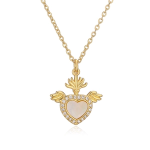 Detailed view of a gold-plated winged heart pendant with white shell and clear zircon stones