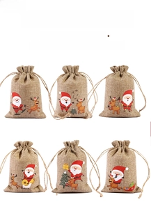 Set of 6 Christmas burlap drawstring gift bags with colorful Santa and reindeer patterns