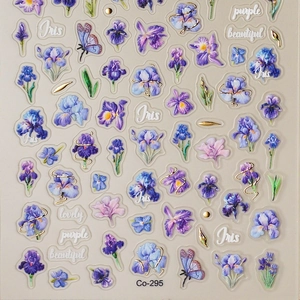 5D purple iris flower nail art stickers with gold embossing and butterfly designs
