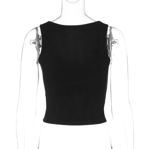 Close-up back view of ribbed black crop top with detailed knit texture and straps