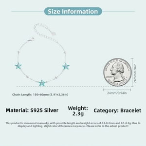 Detail of S925 silver starfish bracelet showing 2.3g weight and 150+60mm chain size