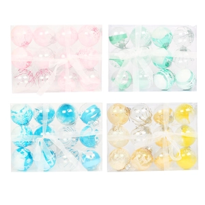 Set of colorful Christmas ball ornaments in pink, green, blue and gold gift boxes
