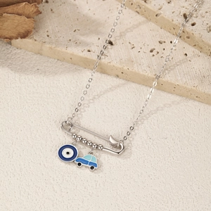 S925 sterling silver paperclip necklace with evil eye charm and blue car pendant accessory
