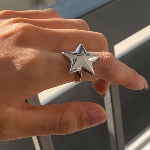 Close-up of a glossy silver star-shaped adjustable steel ring worn on a hand