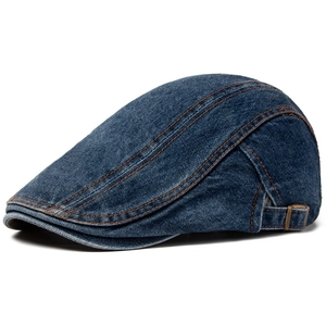 Classic dark blue denim beret cap with orange stitching and adjustable side metal buckle