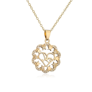 Detail of 18K gold plated MOM necklace with sparkling zircon flower pendant and heart motifs