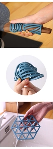 Detailed views of gray-blue geometric silicone mat used as handle grip and drain pad