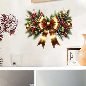 Christmas bow wall sticker with golden bow and pinecone in minimalist home setting