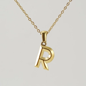 Detailed close-up of 18K gold-plated stainless steel necklace with 3D letter R pendant