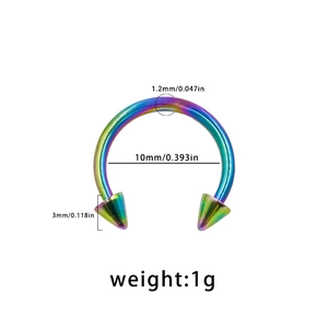 Detailed view of rainbow horseshoe barbell piercing with 1.2mm gauge and 10mm inner diameter