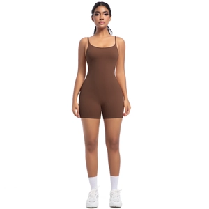 Brown slim-fit yoga bodysuit with thin straps and athletic shorts for fitness sports