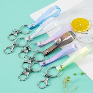 Iridescent laser PVC wristlet keychain with silver metal clasp in six vibrant colors