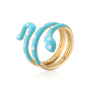 Close-up of triple spiral snake ring with sky blue enamel and white polka dots