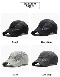 Detail of four breathable mesh sun hats with dragon print in black, navy, and gray colors
