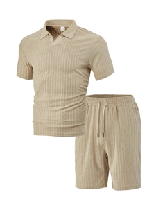 Detailed knit texture of beige vertical striped short sleeve polo and shorts set