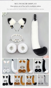Detailed 5-piece fox cosplay set with plush ears, tail, collar, and wristbands in various colors