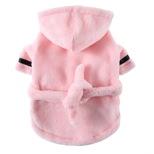 Soft pink plush pet bathrobe with hood and black stripe details for dogs and cats