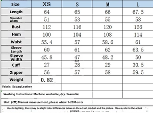 Detailed size chart for faux leather bomber jacket including measurements from XS to L