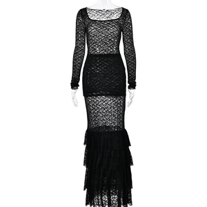 Elegant black lace two-piece set featuring long sleeves and ruffled mermaid skirt