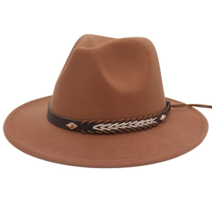 Classic wide brim wool fedora hat in brown with a woven leather band and gold metal studs