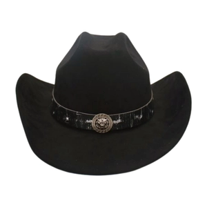 Close-up of black cowboy hat with silver lion head emblem and Greek key pattern band