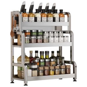 Three-tier stainless steel kitchen rack for spice jars and knife storage organizer