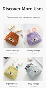 Corduroy storage pouch detail showing four colors for lipstick, coins, and keys