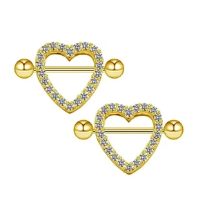 Pair of gold heart nipple shields with clear zircon inlay and stainless steel straight barbell