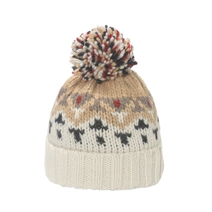 Warm mohair knitted hat with geometric diamond pattern and colorful pompom for winter