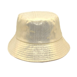 Detail of champagne gold metallic bucket hat with vertical texture and quilted brim fabric