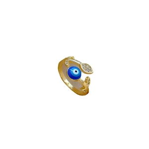 Golden leaf evil eye ring with blue zircon inlay on white background in 45-degree view