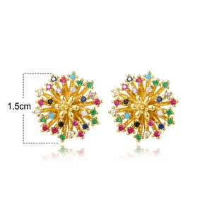 Detail showing 1.5cm colorful zircon firework stud earrings with gold plating finish