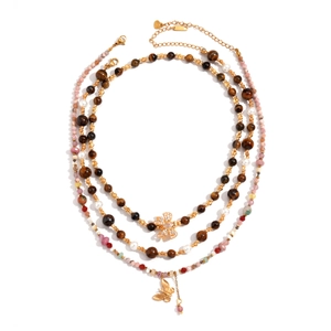 Three-layer vintage 18K gold plated necklace with tiger eye stone and crystal bow pendant