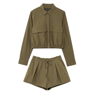 Women Cargo Cropped Long Sleeve Shirt And Drawstring Shorts Army Green Cotton Polyester Streetwear Casual Outfit