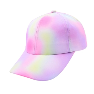 Detailed side view of tie-dye baseball cap featuring macaron gradient pastel colors