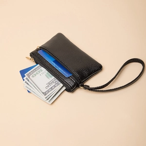 Mini black lychee pattern leather coin purse with double zippers and wristlet strap