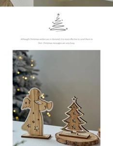 Close-up of minimalist wooden Christmas tree and angel ornaments with festive lighting
