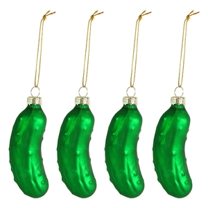 Set of four green glass pickle Christmas ornaments with gold hanging strings for holiday decor