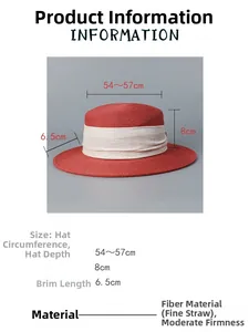 Detail showing dimensions of reddish-brown paper straw boater hat with white ribbon