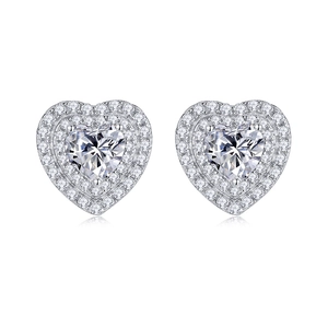 Luxury 1ct heart-shaped moissanite silver stud earrings with double halo sparkle stones