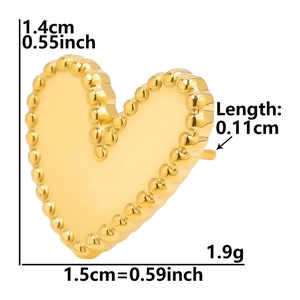 Detail of heart stud earring with beaded edge showing 1.4cm x 1.5cm size and weight specs