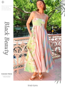 Detail showing the patchwork design and floral graffiti prints on the summer sundress