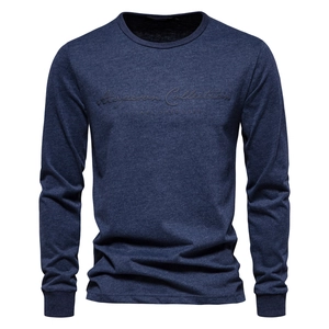 Men's navy blue long sleeve crew neck cotton T-shirt with vintage letter printing