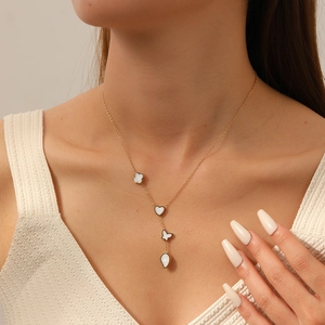 Stainless Steel Y-Necklace With White Shell Clover Heart Butterfly Teardrop Tassel Charms Gold Plated For Women
