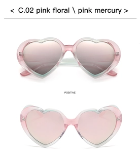 Detail of heart-shaped sunglasses with pink floral frame and pink mercury coated lenses