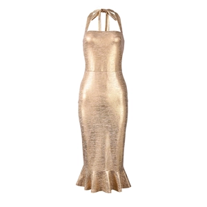Detailed view of the metallic gold fabric and fishtail hem of this halter party dress