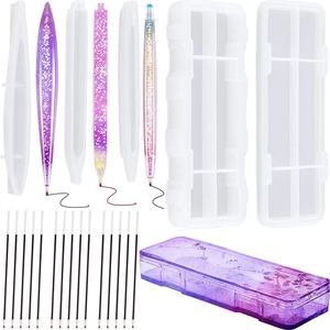 DIY resin stationery mold set with 3 pen molds, ruler, storage box, and 12 black ink refills