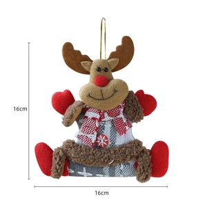 Detail of Christmas reindeer plush ornament with 16cm size measurement in red and brown